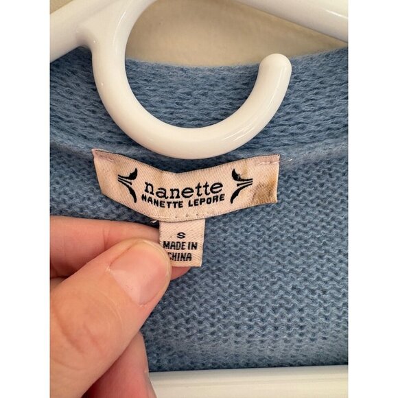 Nanette Lepore Blue Eyelet Knit Cardigan Sweater Faux Pearl Buttons Size Small - Picture 7 of 12